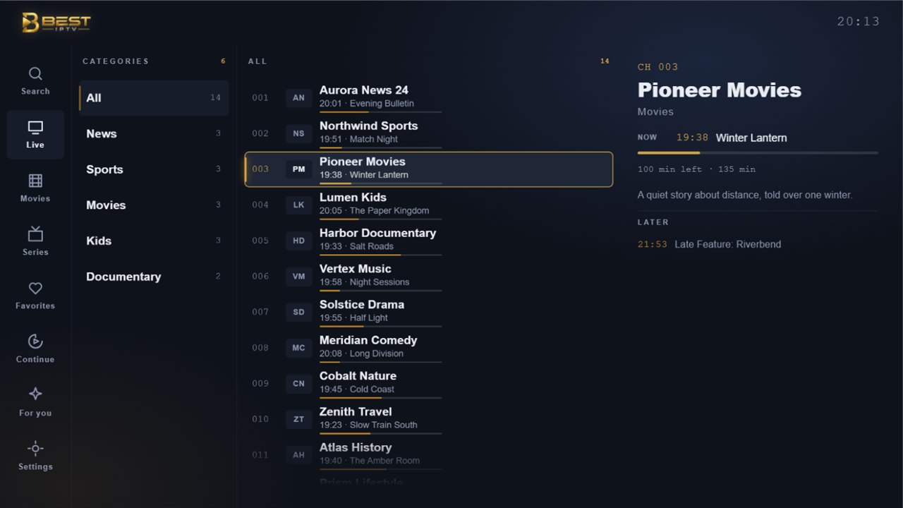 The live TV screen: a category list, the channels in it, and what is on now